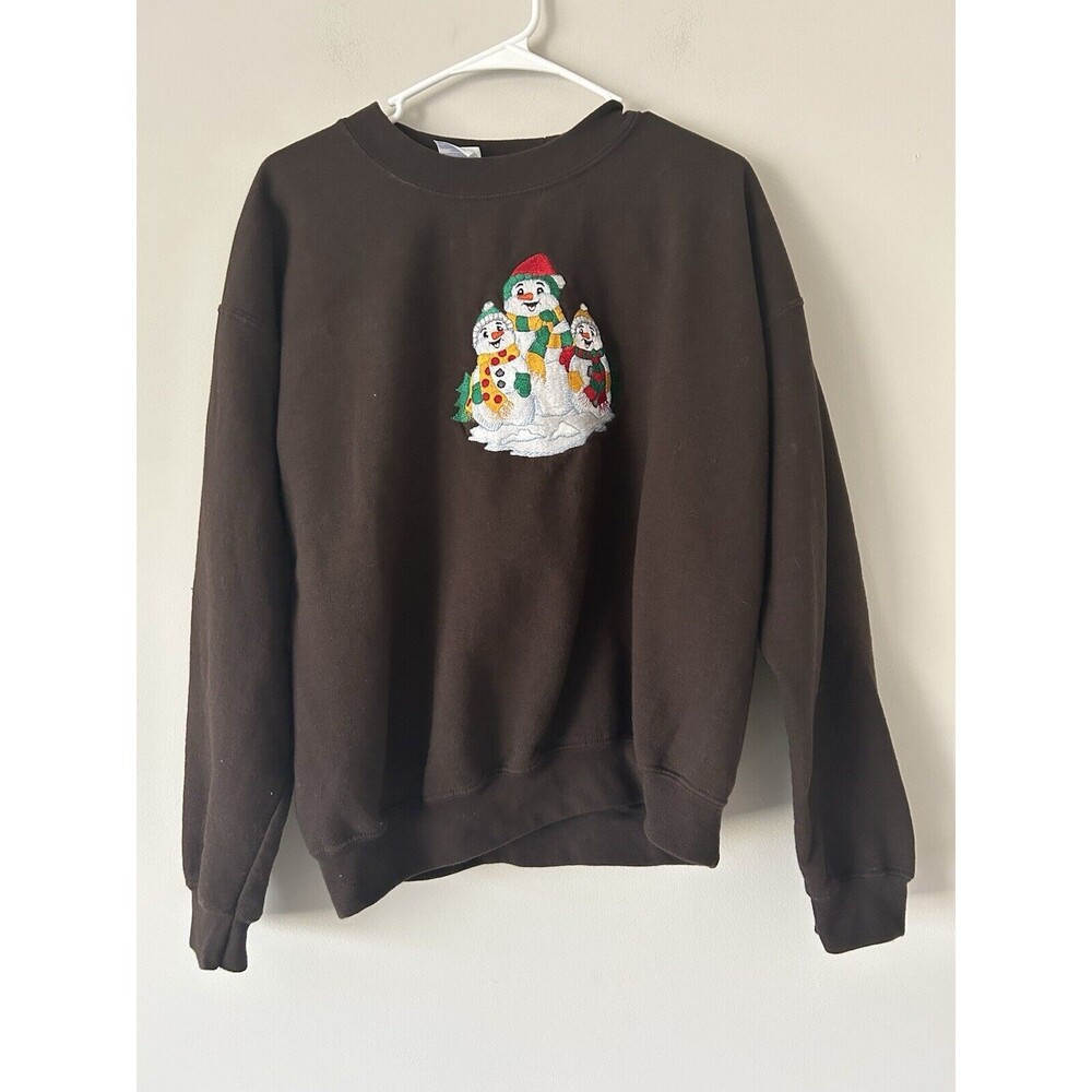 Vintage Women’s Brown Gildan Happy Snowman Embroidered Sweatshirt Size Large